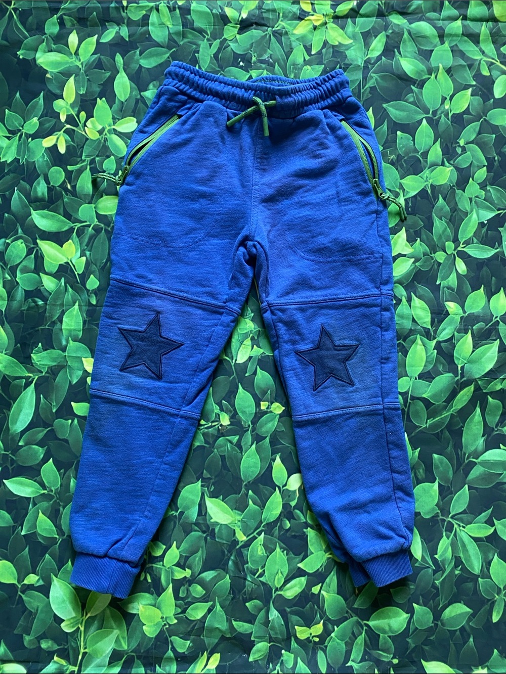 Mini Boden Blue Star Patch Joggers with Green Accents